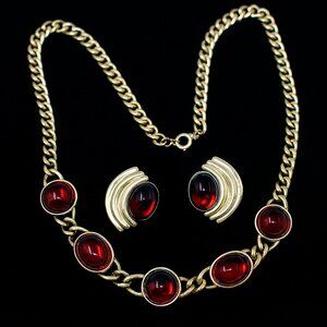 Vintage Gold and Red Necklace w Pierced Earrings Set Statement Style - Hey Viv